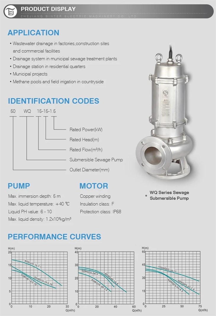 Nice Price 50WQ15-34-4S Submersible Sewage Drainage Stainless Steel Water Pump