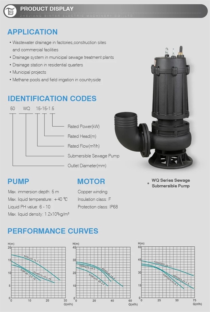 Professional 150WQ150-15-11 Electric Submersible Sewage Pump Professional 150WQ150-15-11 Electric Submersible Sewage Pump