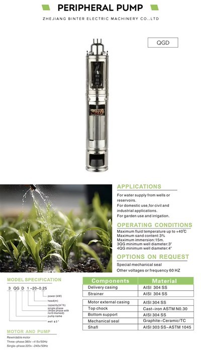 สแตนเลส 4 '' 1HP สกรูปั๊มน้ำสะอาดแบบจุ่มลึกดีซีรีส์ QGD เพื่อการชลประทานการเกษตร